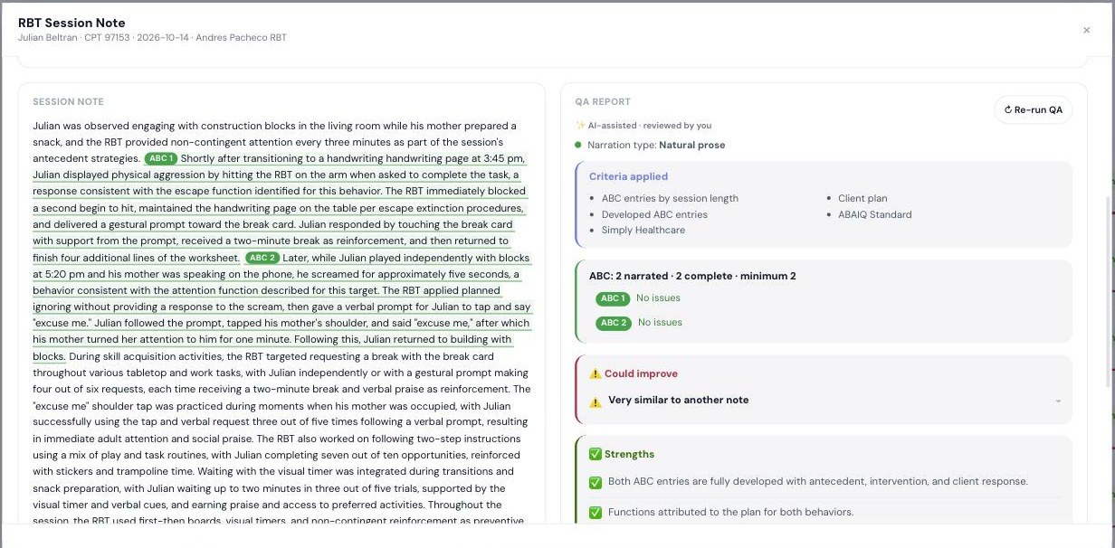 QA Suite reviewing a session note: ABC entries marked, criteria applied and strengths listed