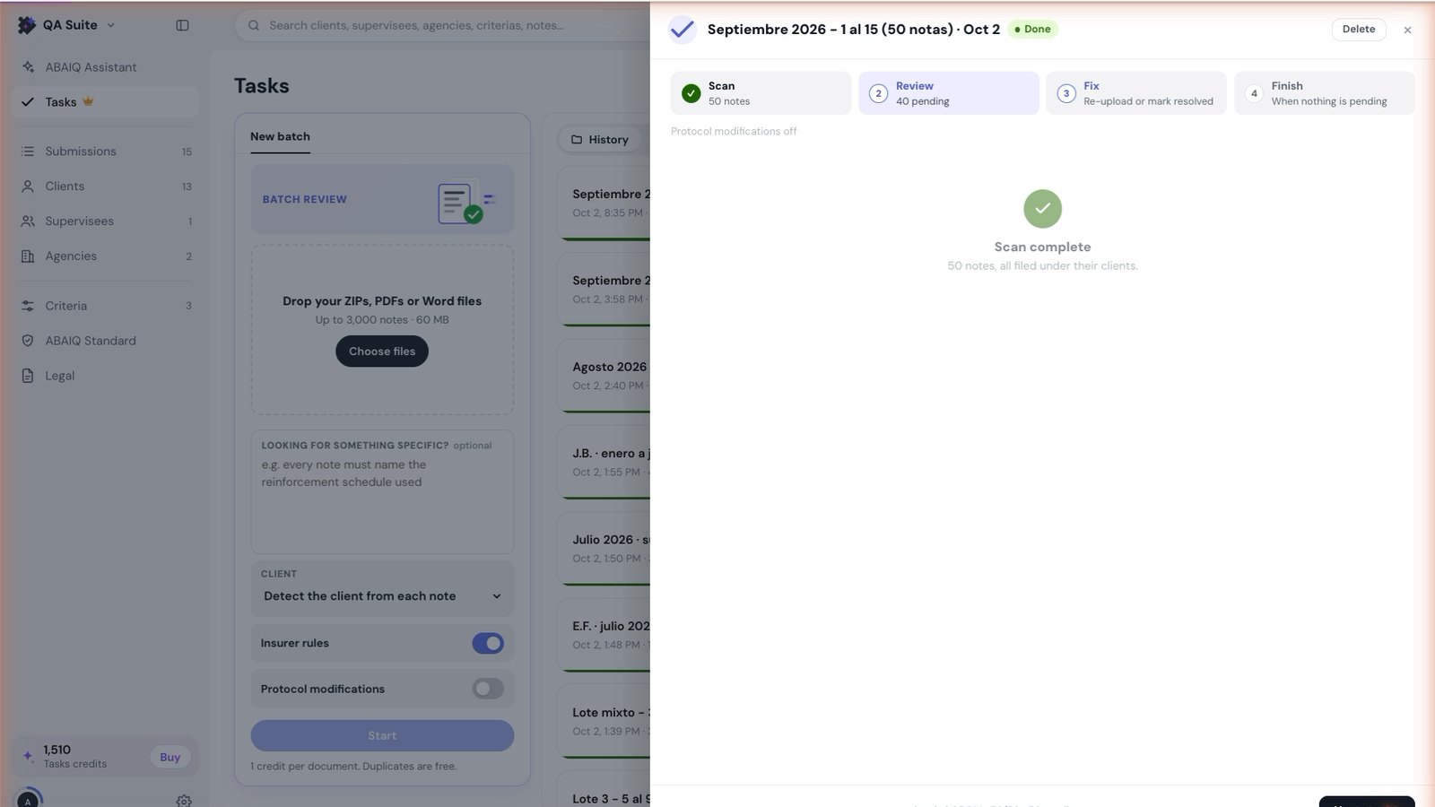 QA Suite batch scan complete: 50 notes filed under their clients