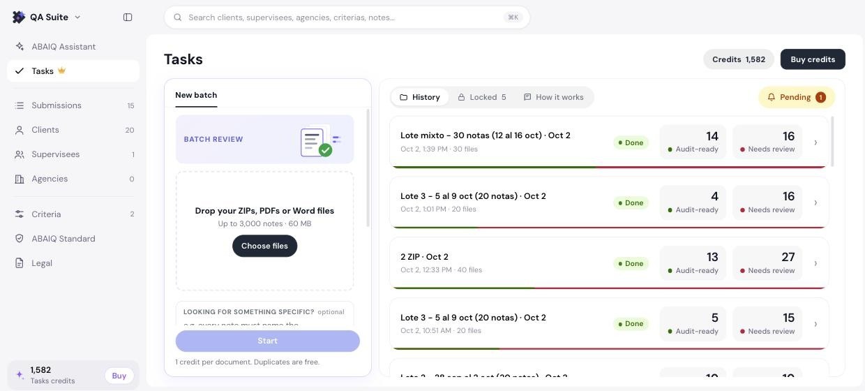 QA Suite Tasks: batches of notes with audit-ready and needs-review counts