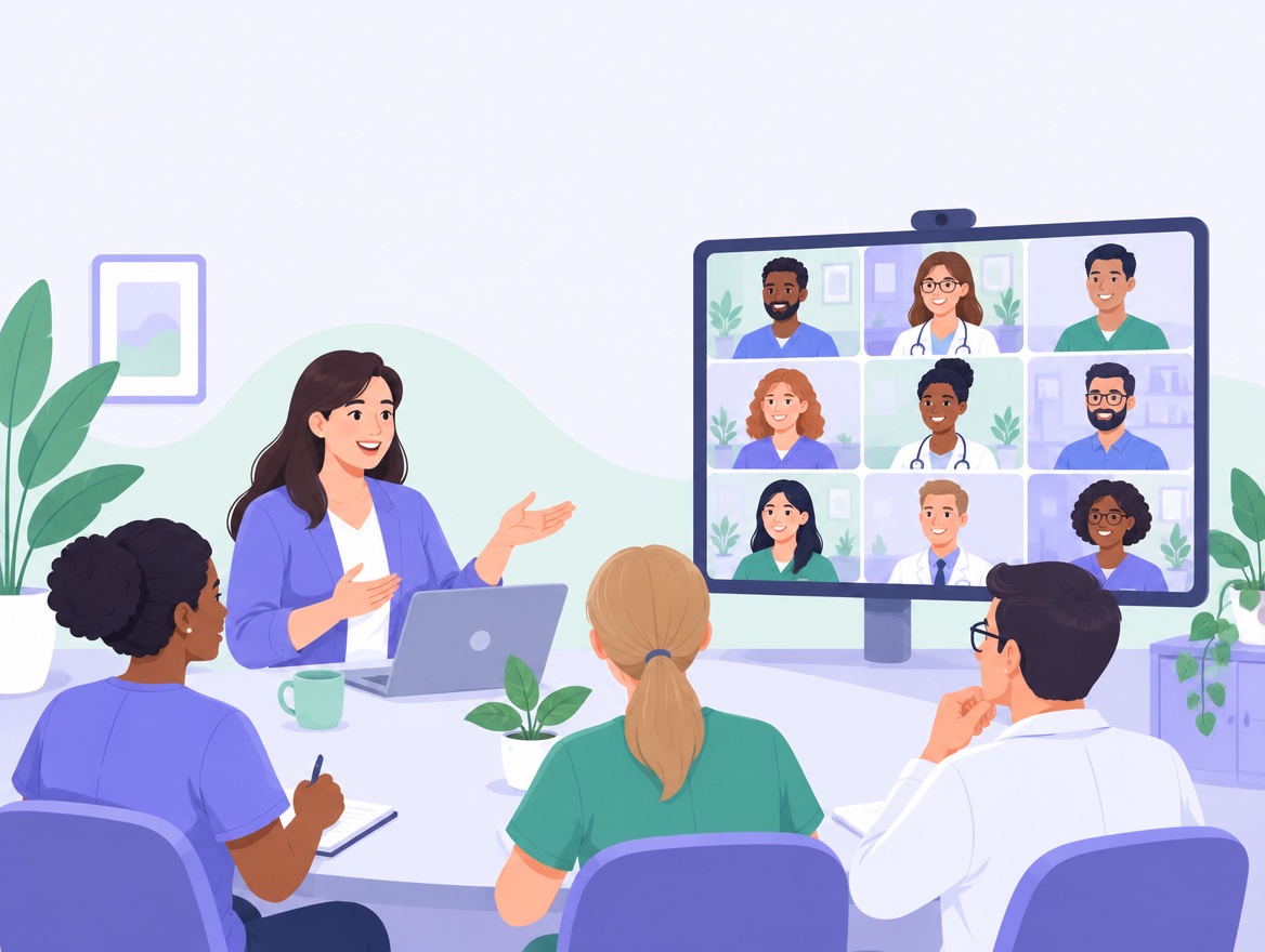 Illustration of a live ABAIQ training with clinicians in the room and on a video call